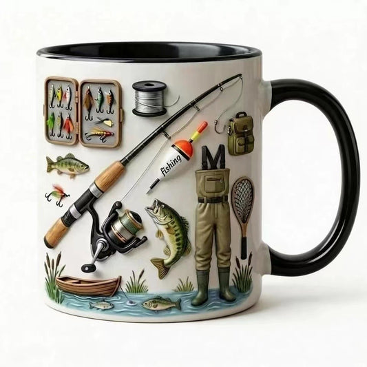 Fishing Theme Ceramic Mug with 3D Embossed Fishing Design